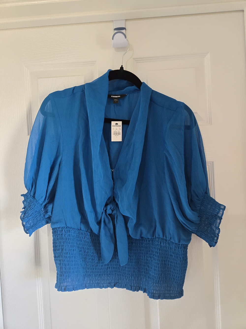 Express Teal Tie-Front Smocked Waist Blouse